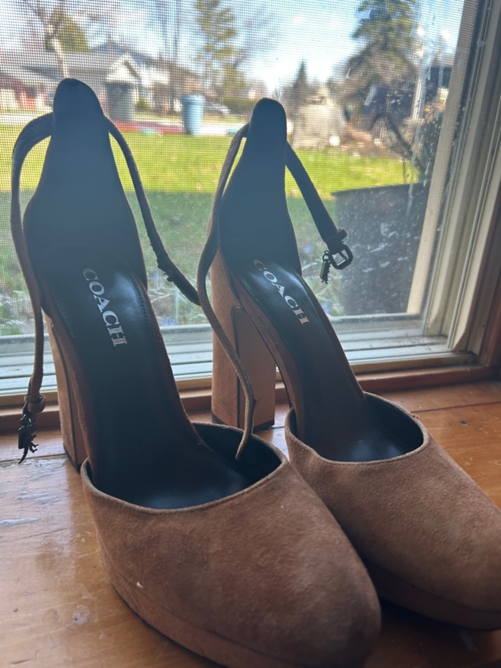 Coach Suede Ankle-Strap Block Heels in Brown Suede